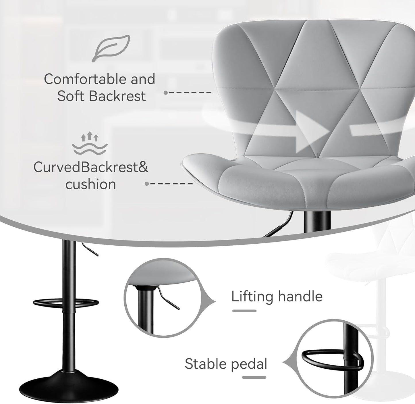 Bar Stools Set of 2,Counter Height Barstools with Backs Faux Leather Kitchen Island Bar Chair, Light Grey-2