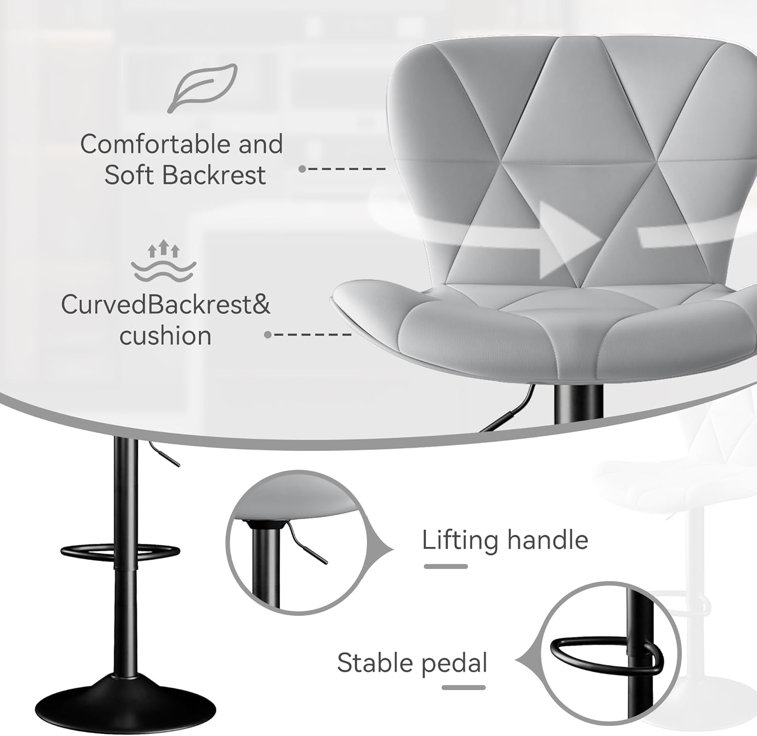 Bar Stools Set of 2,Counter Height Barstools with Backs Faux Leather Kitchen Island Bar Chair, Light Grey-2