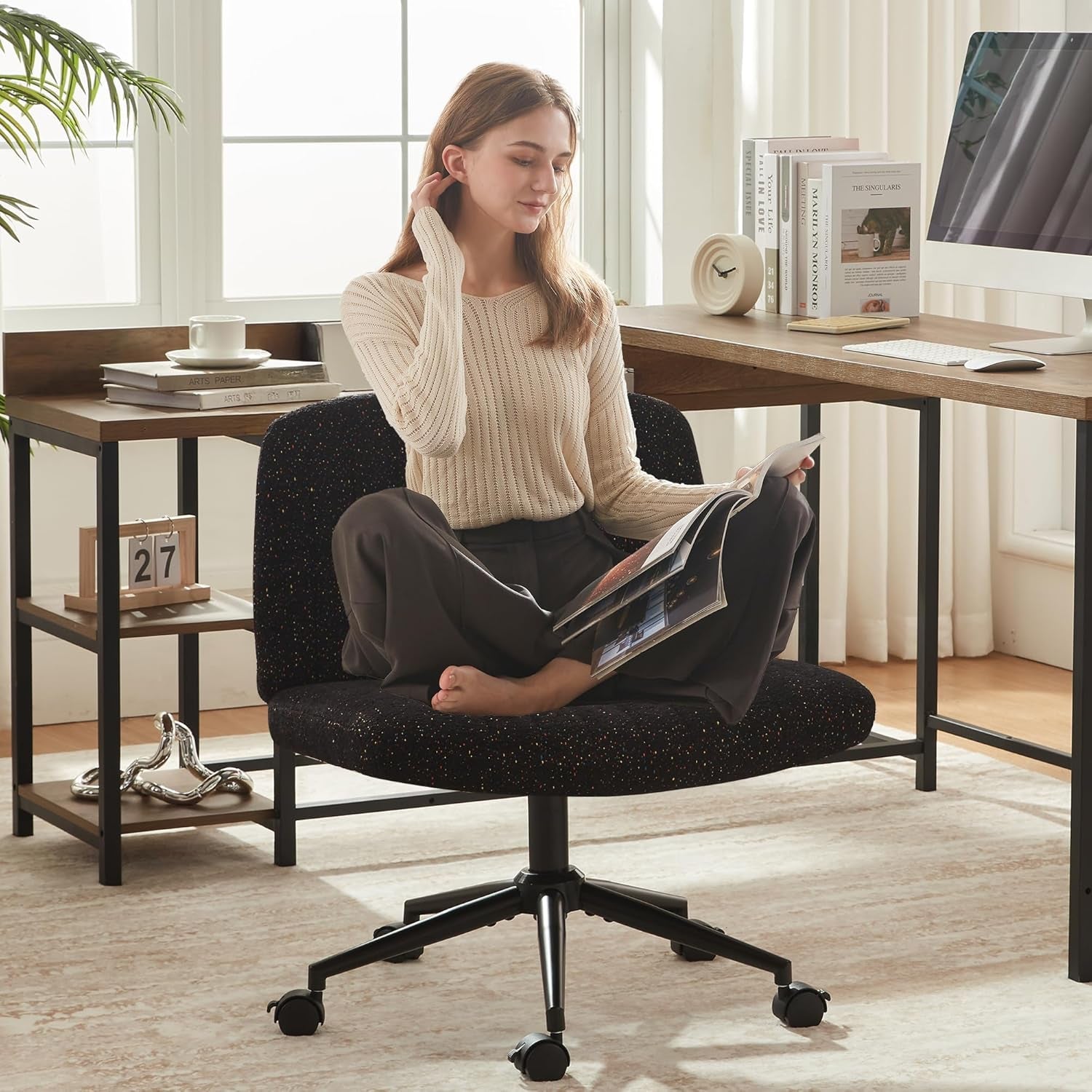 Wide Seat Swivel Office Chair, Locking Wheels, Black-0