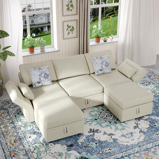 Beige Modular Sectional 5-Seat Chenille, Storage, Sleeper-0