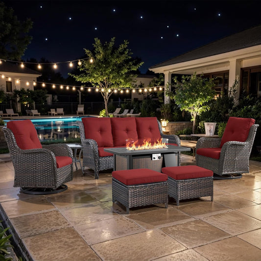 7 Pieces Patio Furniture Set with Fire Pit Table, Wicker Rattan Outdoor Furniture Set with Swivel Rocker Chairs for Yard, Deck, Garden, Brown/Red-0