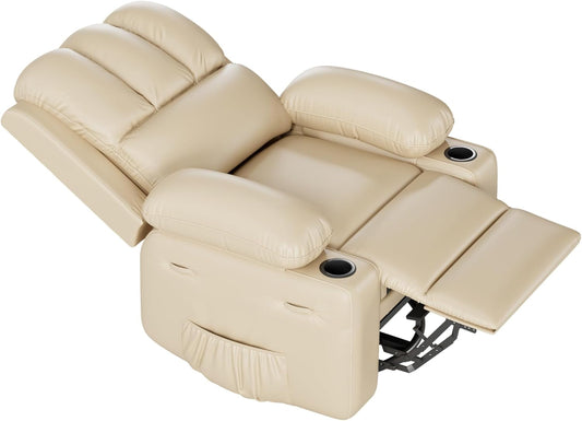 Leather Recliner Chair, Manual Recliner W/Comfortable Arms and Cup Holders for Living Room CF8011 - Beige, Medium-0