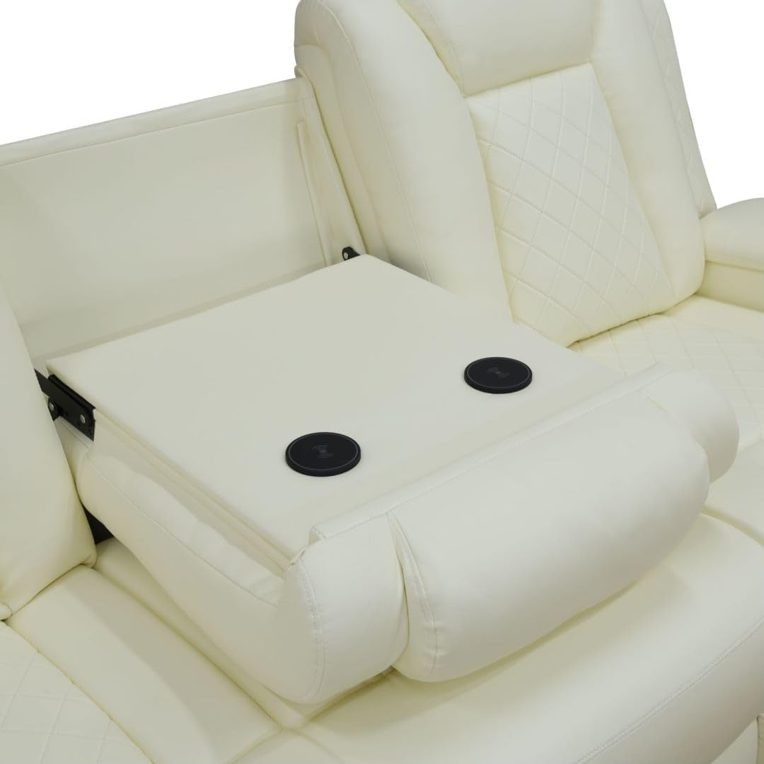 White Power Recliner Sofa LED, Wireless Charge, Table-2