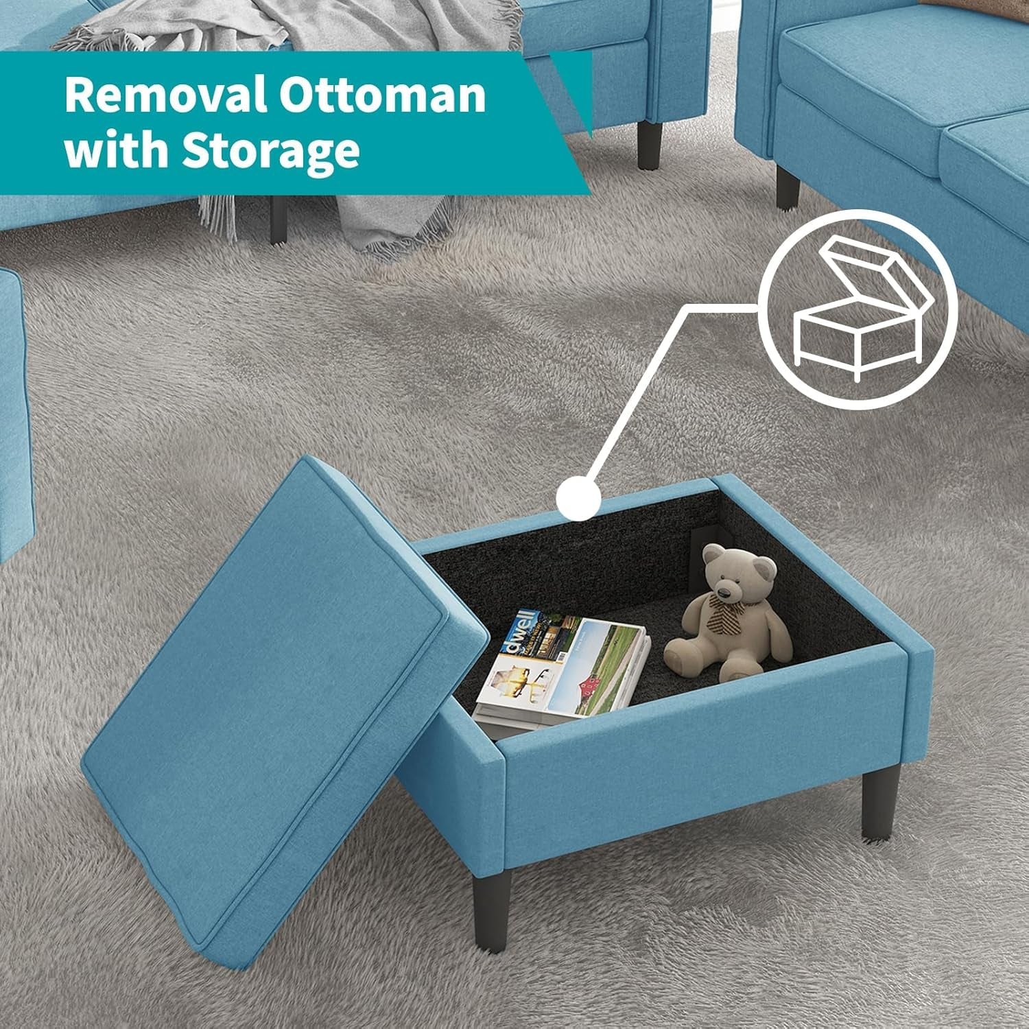 Sectional Sofa L Shaped Couch with Movable Storage Ottoman/Side Pockets/Modern Sofas/Easy Assembly/Free Combination - Blue-2