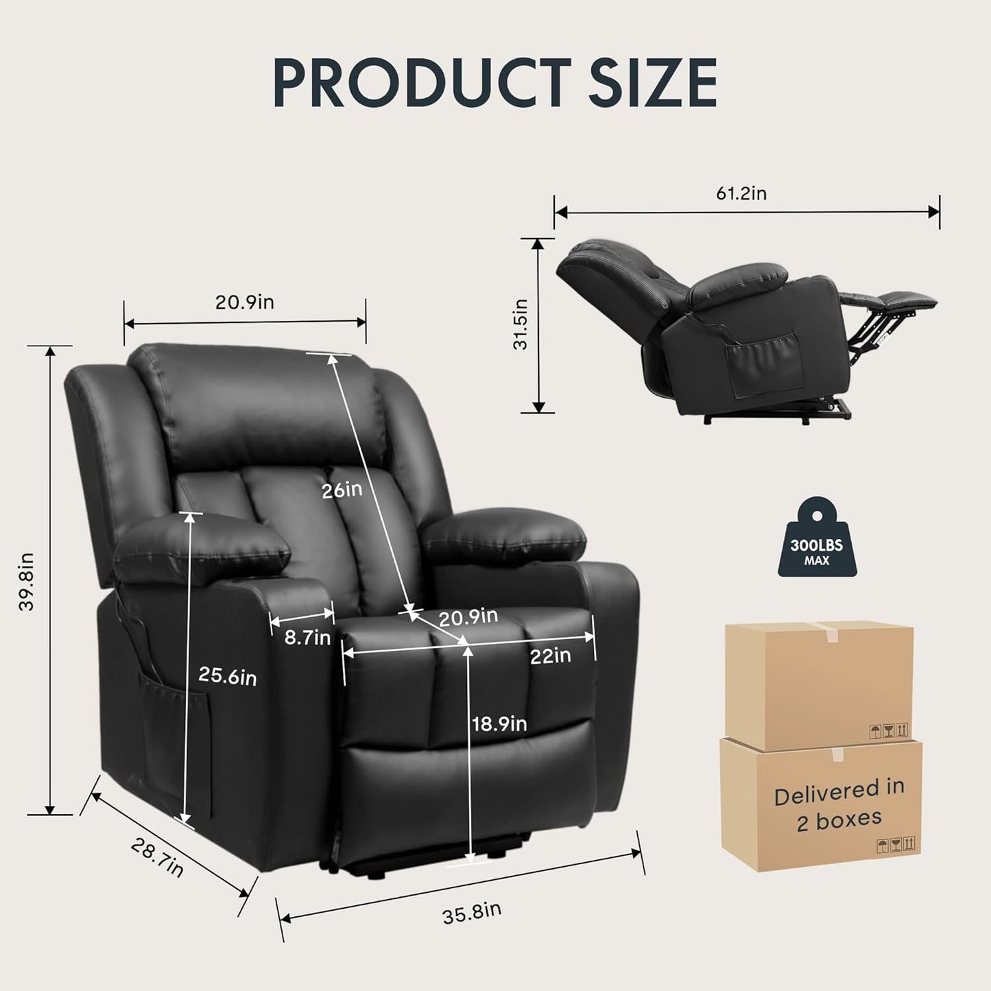 XL31 Power Lift Recliner Chair for Elderly, Oversized Electric Leather Lift Chair with Cup Holders, Side Pockets, Massage Reclining Chair Sofa for Living Room Bedroom (Black)-2