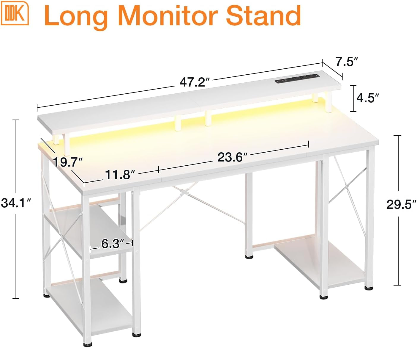 48 Inch Gaming Desk with LED Lights & Power Outlets, Computer Desk with Monitor Stand & Storage Sheves, CPU Stand, Home Office Desk, White-2