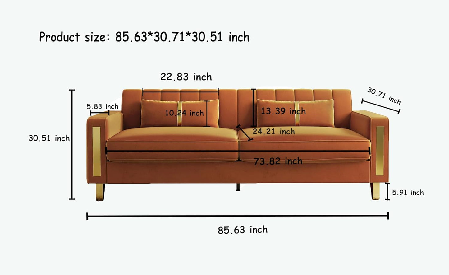 2-Piece Loveseat Couch Set for Living Room, 86" Orange Velvet Sofa Couch with 4 Pillows & Gold Metal Legs, Modern Upholstered Sofa Set Love Seat Sectional Couches for Apartment Home Office-1