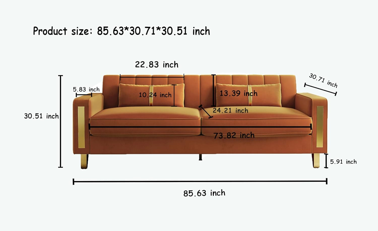 2-Piece Loveseat Couch Set for Living Room, 86" Orange Velvet Sofa Couch with 4 Pillows & Gold Metal Legs, Modern Upholstered Sofa Set Love Seat Sectional Couches for Apartment Home Office-1