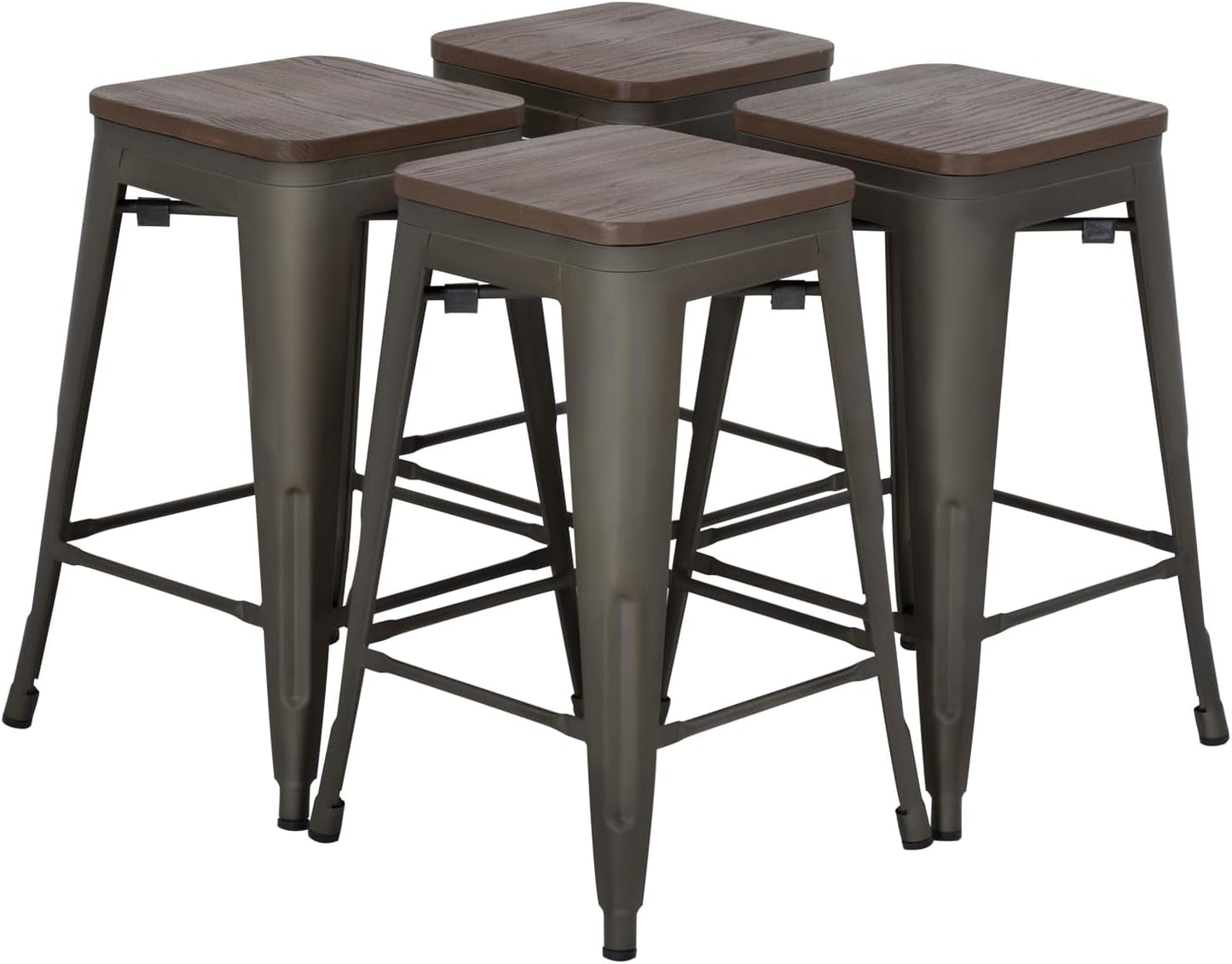 Metal Bar Stools Counter Height Barstool Industrial Bar Chairs Patio Stool Stackable Backless Stool Indoor Outdoor Metal Kitchen Stools Bar Chairs (Bronze with Wood, 24")-0