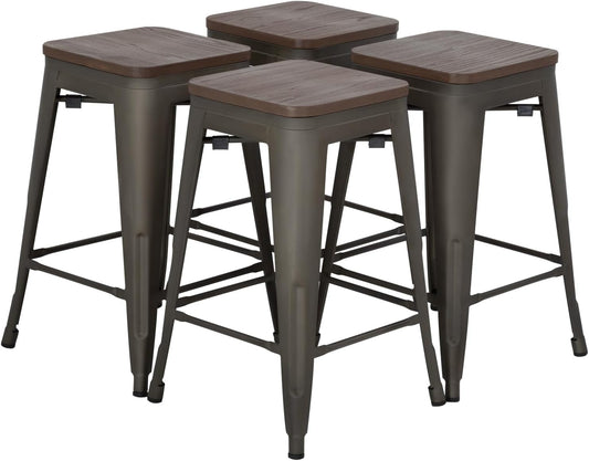 Metal Bar Stools Counter Height Barstool Industrial Bar Chairs Patio Stool Stackable Backless Stool Indoor Outdoor Metal Kitchen Stools Bar Chairs (Bronze with Wood, 24")-0