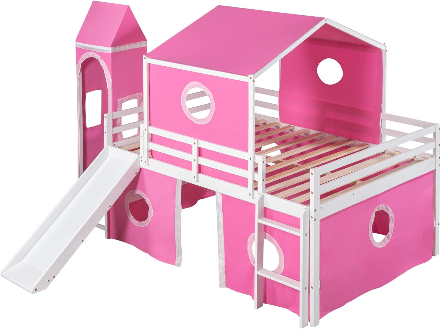 Full over Full House Bunk Bed, Kids Playhouse Bed, Solid Wood Bunk Bed Frame with Slide Pink Tent and Tower, for Girls and Boys, Pink-3