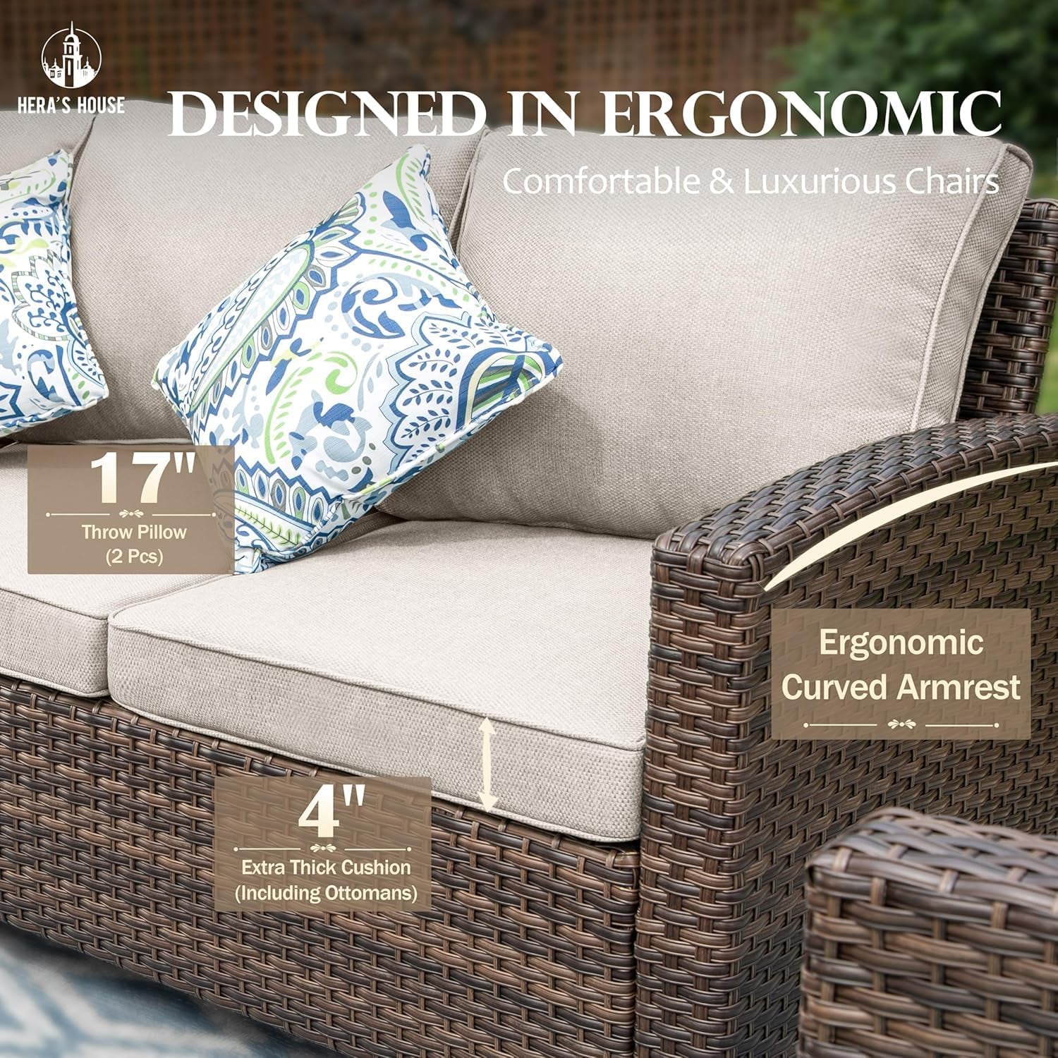 Patio Furniture Set with 56" Fire Pit Table, Swivel Rocker Chairs with Ottoman, Outdoor Wicker Conversation Set for Lawn Garden Deck Backyard, Beige-4