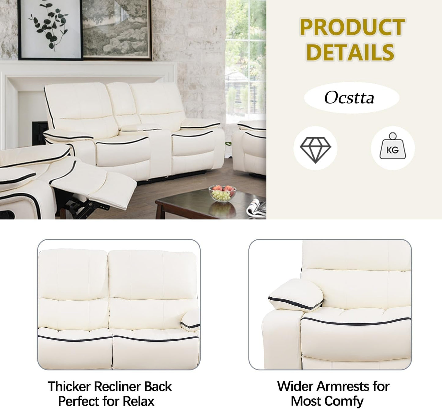 Leather Recliner Sofa Set, Leather Couch Set for Living Room, Living Room Furniture Set with Storage Console & Cup Holder for Living Room/Office (Recliner Couch Set) Creamy White-4