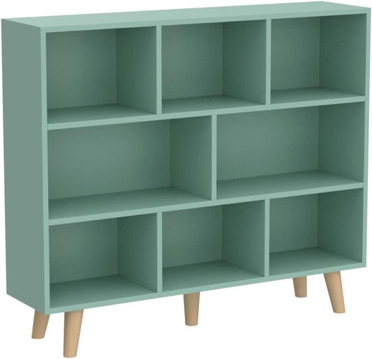 Wooden Open Shelf Bookcase - 3-Tier Floor Standing Display Cabinet Rack with Legs, 8 Cubes Bookshelf, Tiffany-Green-0