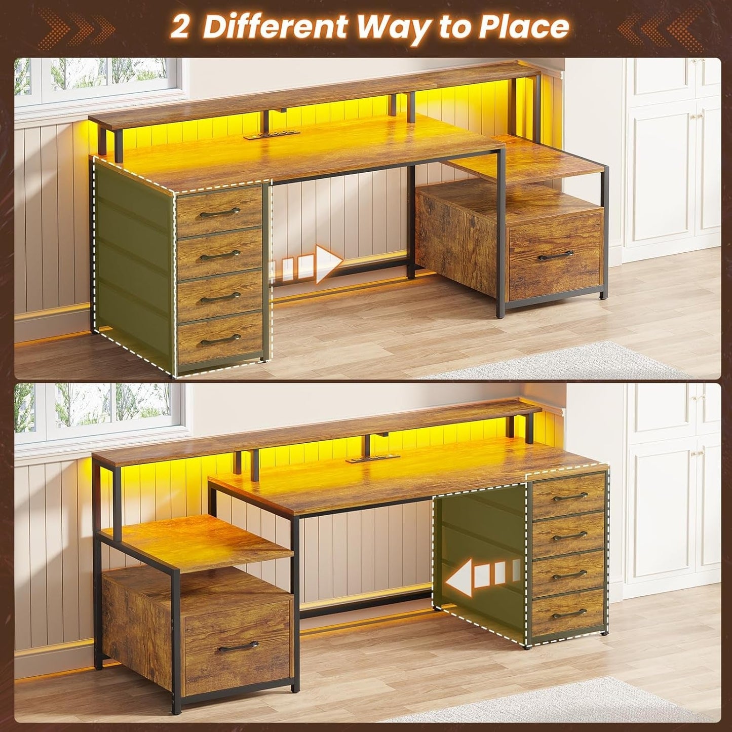 Home Office Desk with File Drawer & Power Outlet, 66'' Computer Desk with 5 Drawer, Storage Shelves, Printer Cabinet and Monitor Shelf, Gaming Desk with Led Lights, Rustic Brown-4