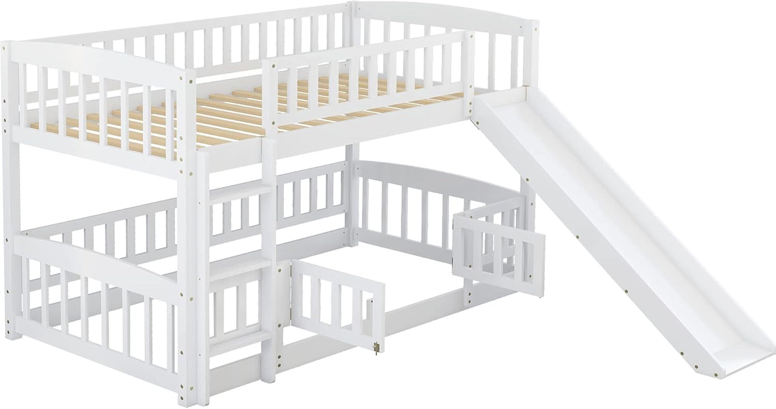 Bunk Bed Twin over Twin with Slide and Stairs, Twin Bunk Bed for Kids, Girls, Boys, Floor Bunk Bed with Fence and Door, White-3