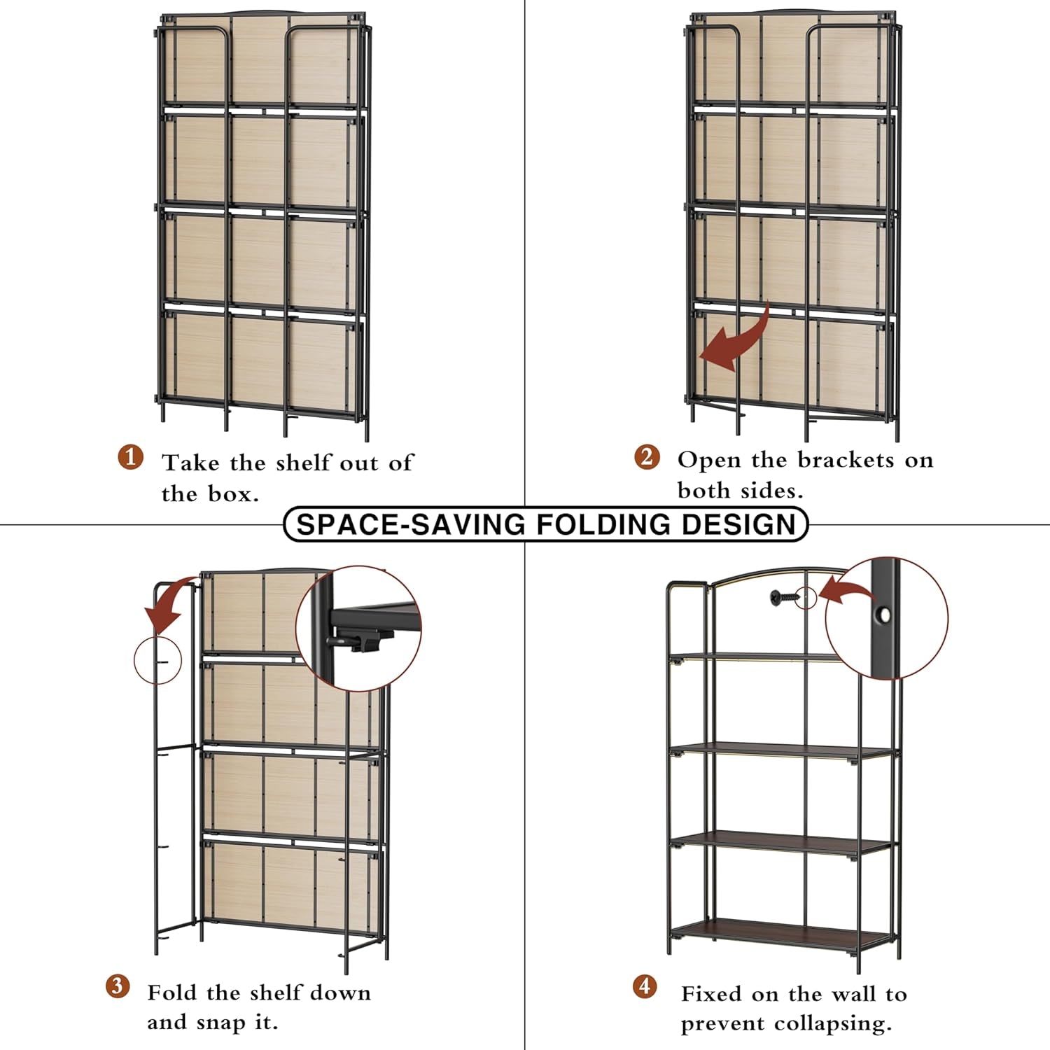 No Assembly Folding Bookshelf for Living Room, 4 Tier Black Collapsible Book Shelf for Home Office, Portable Bookcase Storage Organizer-4