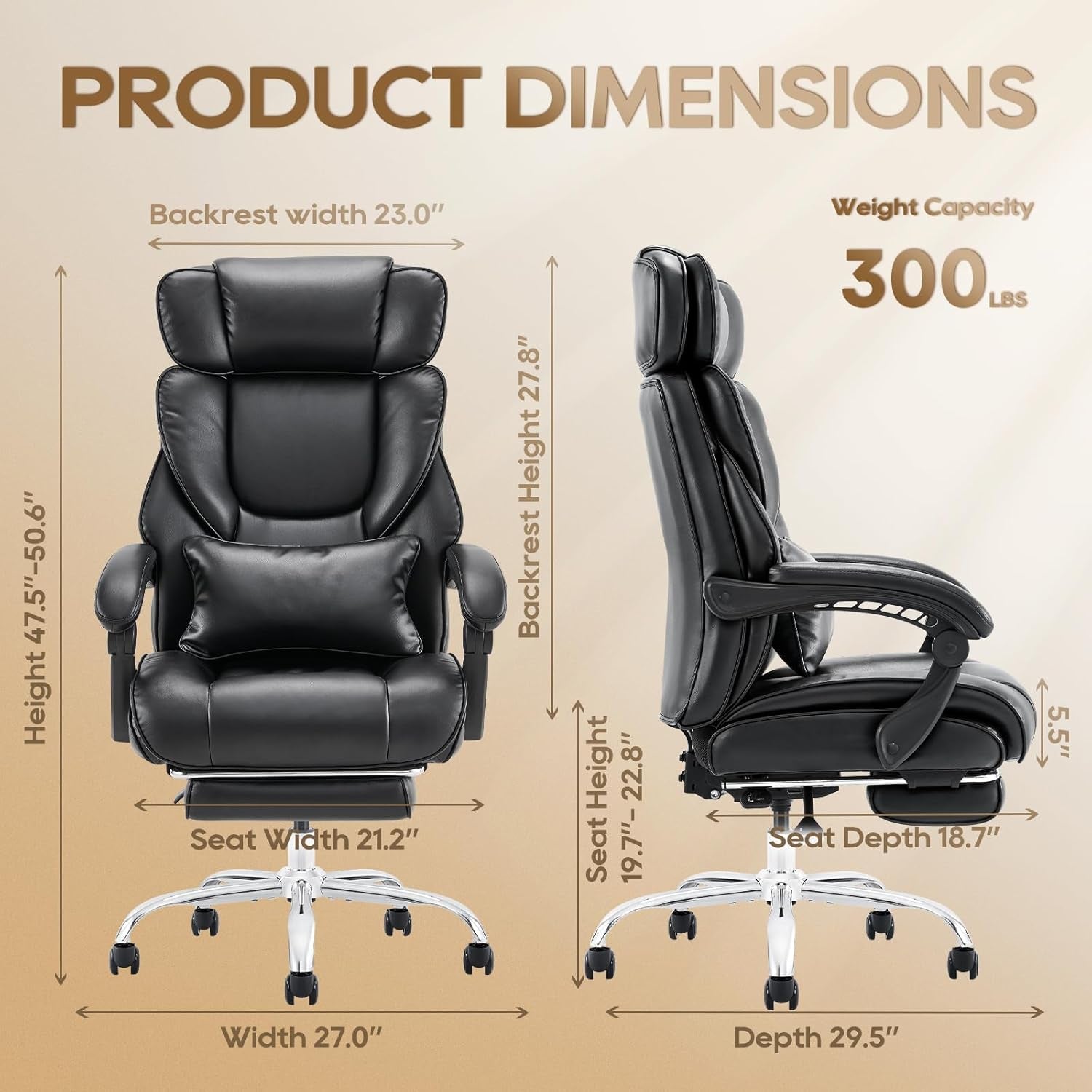 Office Chair with Retractable Footrest, Ergonomic High Back Design Executive Computer Desk Chair with Removable Lumbar Pillow, 90-135°Reclining, Thick Bonded Leather for Home Office Work, Black-2