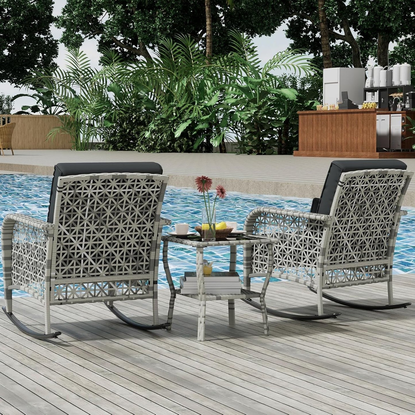 3 Piece Gray Wicker Patio Rocking Chair Set, Bistro Rocking Set, Outdoor Conversation Furniture with Porch Chairs and Glass Coffee Table, Slate Grey-1
