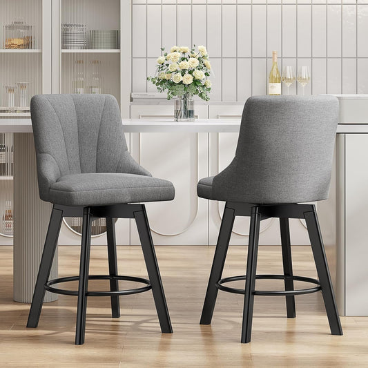 Swivel Bar Stools with Backs, 24" Counter Height Bar Stools Set of 2, Fabric Upholstered Counter Bar Stools with Solid Wood Legs for Kitchen Island, Home Bar, Dark Gray-0