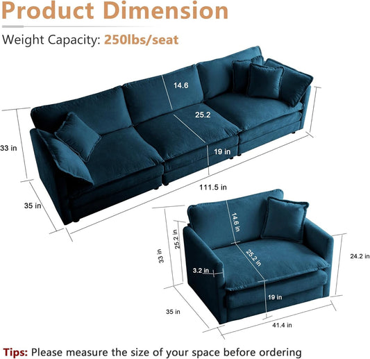 Luxury 3 Piece Sofa Set, 2 Pieces of Single Sofa and 1 Piece of 3 Seater Sofa, Modern Chenille Comfy Cloud Couches Set with 7 Pillows for Living Room Office, Blue-1