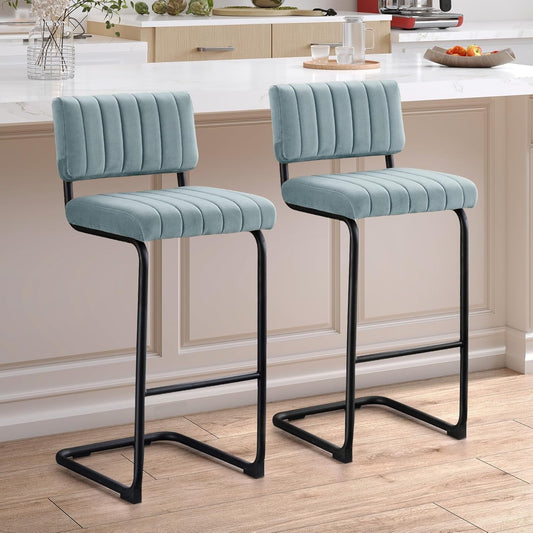 30'' Modern Bar Stools with Tufted Backs, Upholstered Velvet Fabric Bar Height Stools Chairs, Mid Century Cantilever Barstools for Kitchen Island Pub Set of 2-0