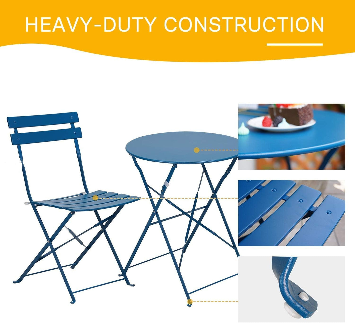 3-Piece Folding Bistro Set, 2 Chairs and 1 Table, Weather-Resistant Outdoor/Indoor Conversation Set for Patio, Yard, Garden -Peacock Blue-4
