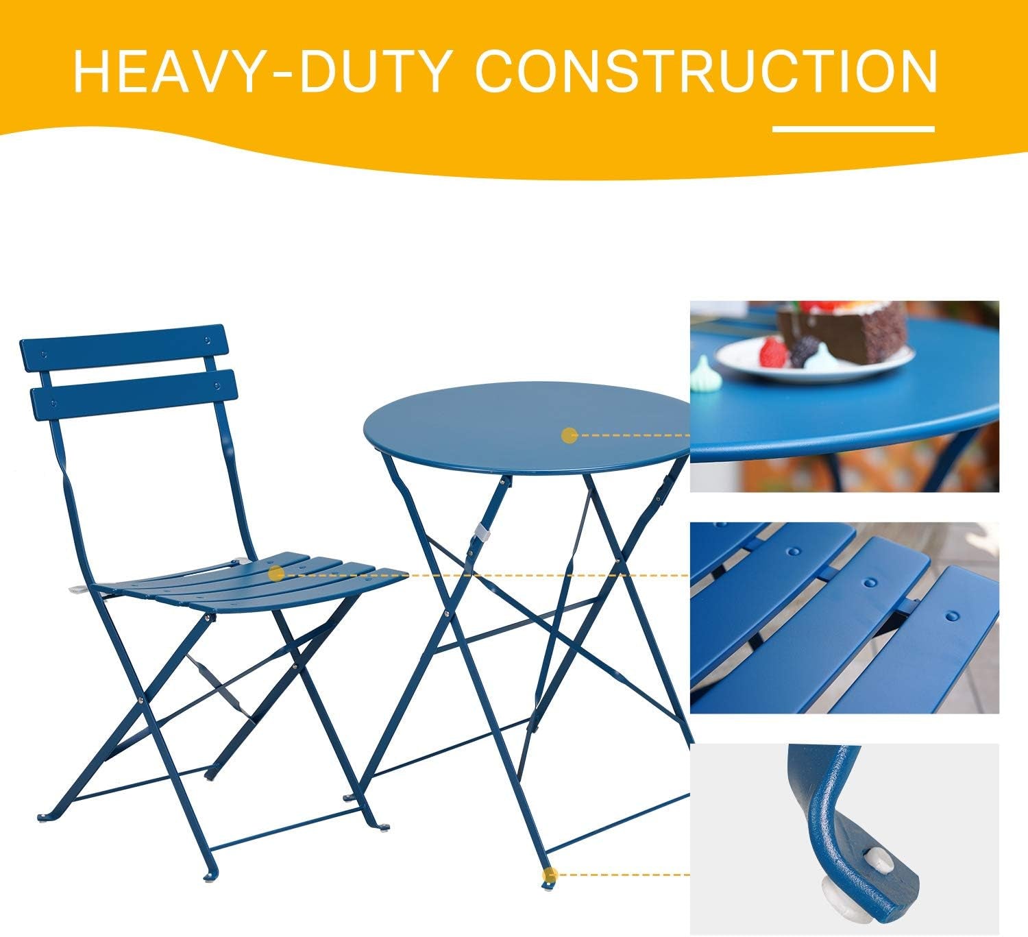 3-Piece Folding Bistro Set, 2 Chairs and 1 Table, Weather-Resistant Outdoor/Indoor Conversation Set for Patio, Yard, Garden -Peacock Blue-4