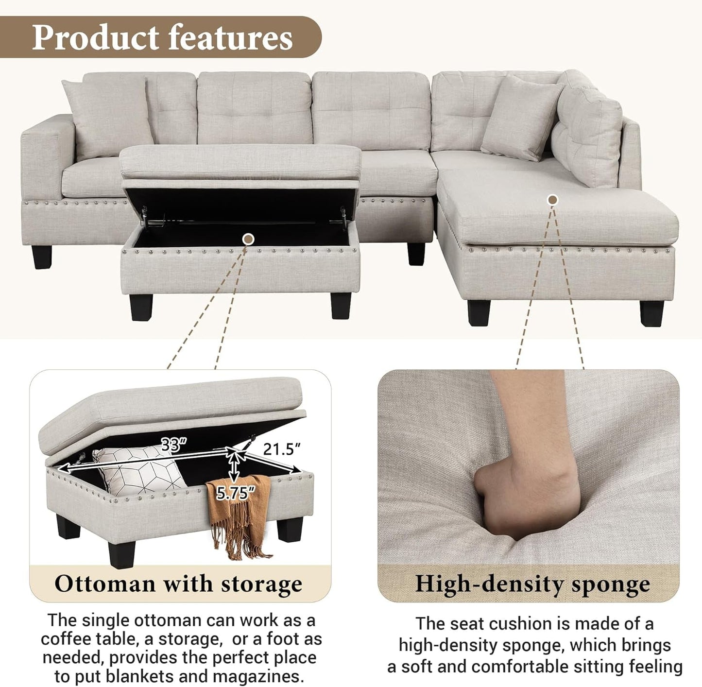 Sectional Sofa Couch with Reversible Chaise and Ottoman, Linen L-Shape Couch with 2 Pillows and Cup Holder, Sectional Sofas for Living Room (Light Gray)-4