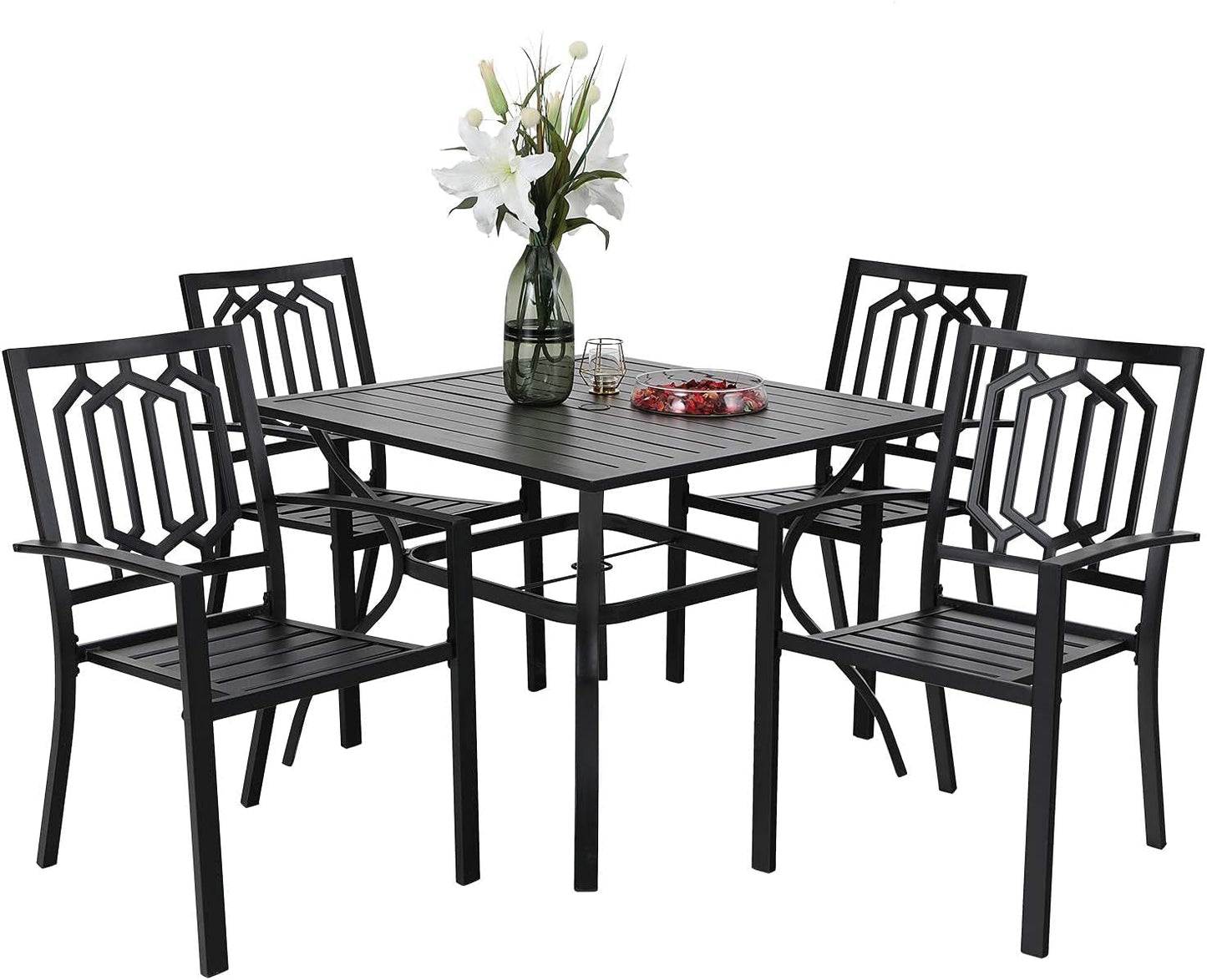 5-Piece Metal Patio Outdoor Table and Chairs Dining Set- 37" Square Bistro Table and 4 Backyard Garden Chairs, Table with 1.57" Umbrella Hole-0