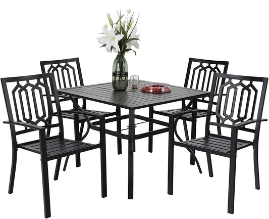 5-Piece Metal Patio Outdoor Table and Chairs Dining Set- 37" Square Bistro Table and 4 Backyard Garden Chairs, Table with 1.57" Umbrella Hole-0