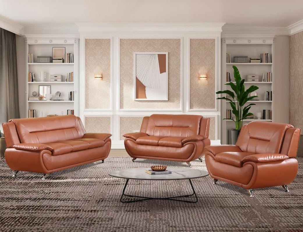 Contemporary Living Room Furniture Set, Faux Leather Sofa Set for Living Room/House/Bedroom/Office/Apartment (Orange, Full Set(3Pcs))-0