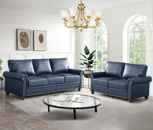 2-Piece Comfy Upholstered PU Leather Sofa Couch Set, Mid-Century Modern Loveseat Sofa+3 Seater Couch with Storage Space for Living Room, Furniture Set, Navy Blue-0