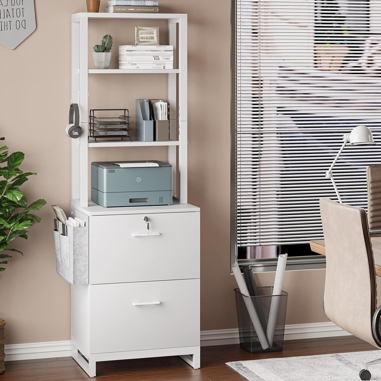 2 Drawer File Cabinet, Filing Cabinet with Lock Fits Letter, Legal, A4 Size, File Cabinets for Home Office with Storage Bag, Open Shelf and Hook, White-0