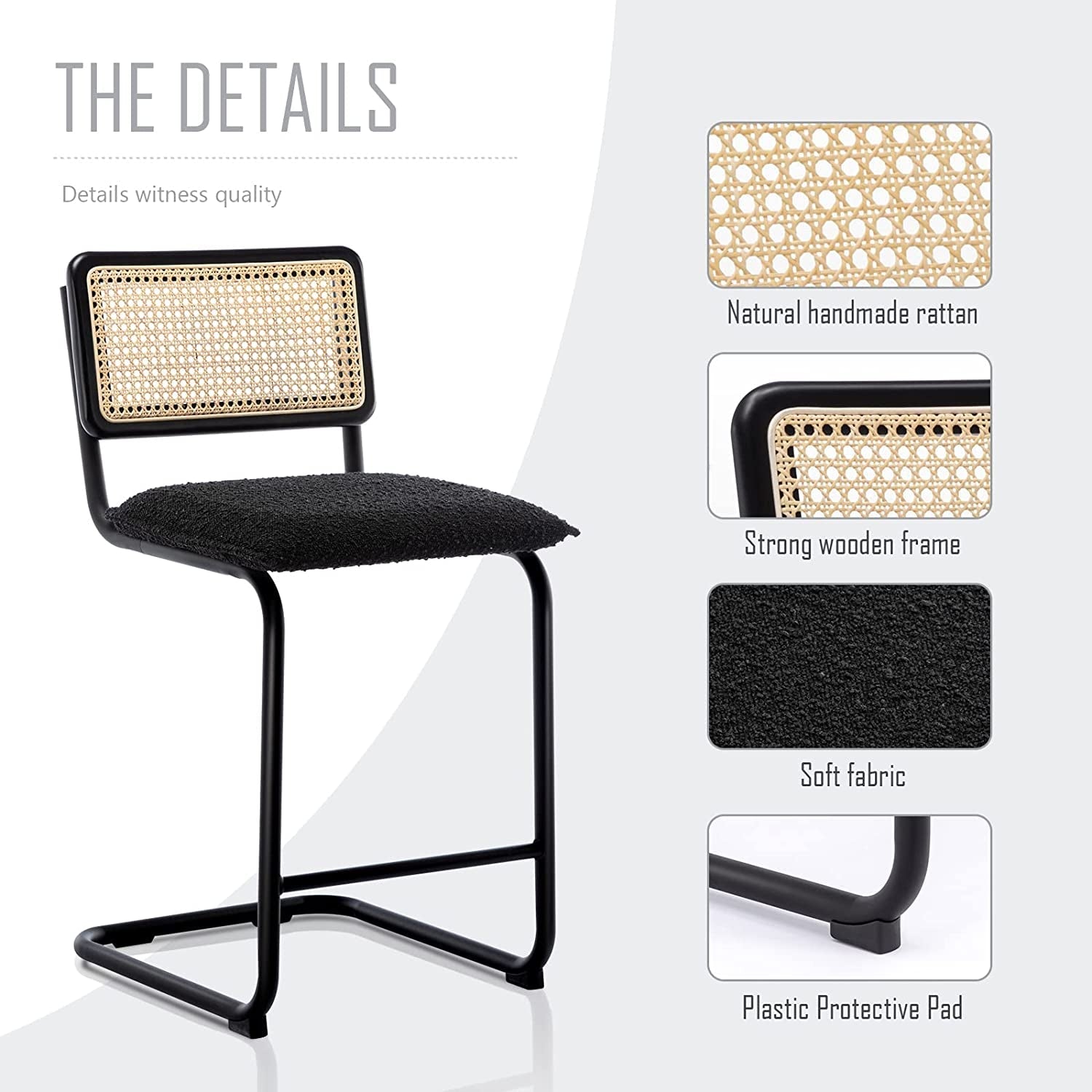 Black Boucle Rattan Counter Stool Set of 2 with Cane Backrest-4