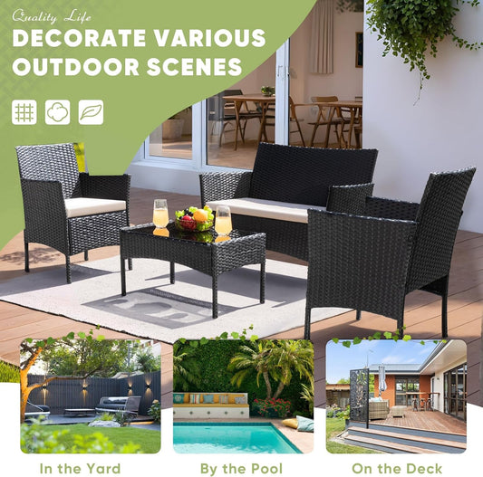 Patio Furniture 4 Pieces Conversation Sets Outdoor Wicker Rattan Chairs Garden Backyard Balcony Porch Poolside Loveseat with Cushion and Glass Table, Black and Beige-1