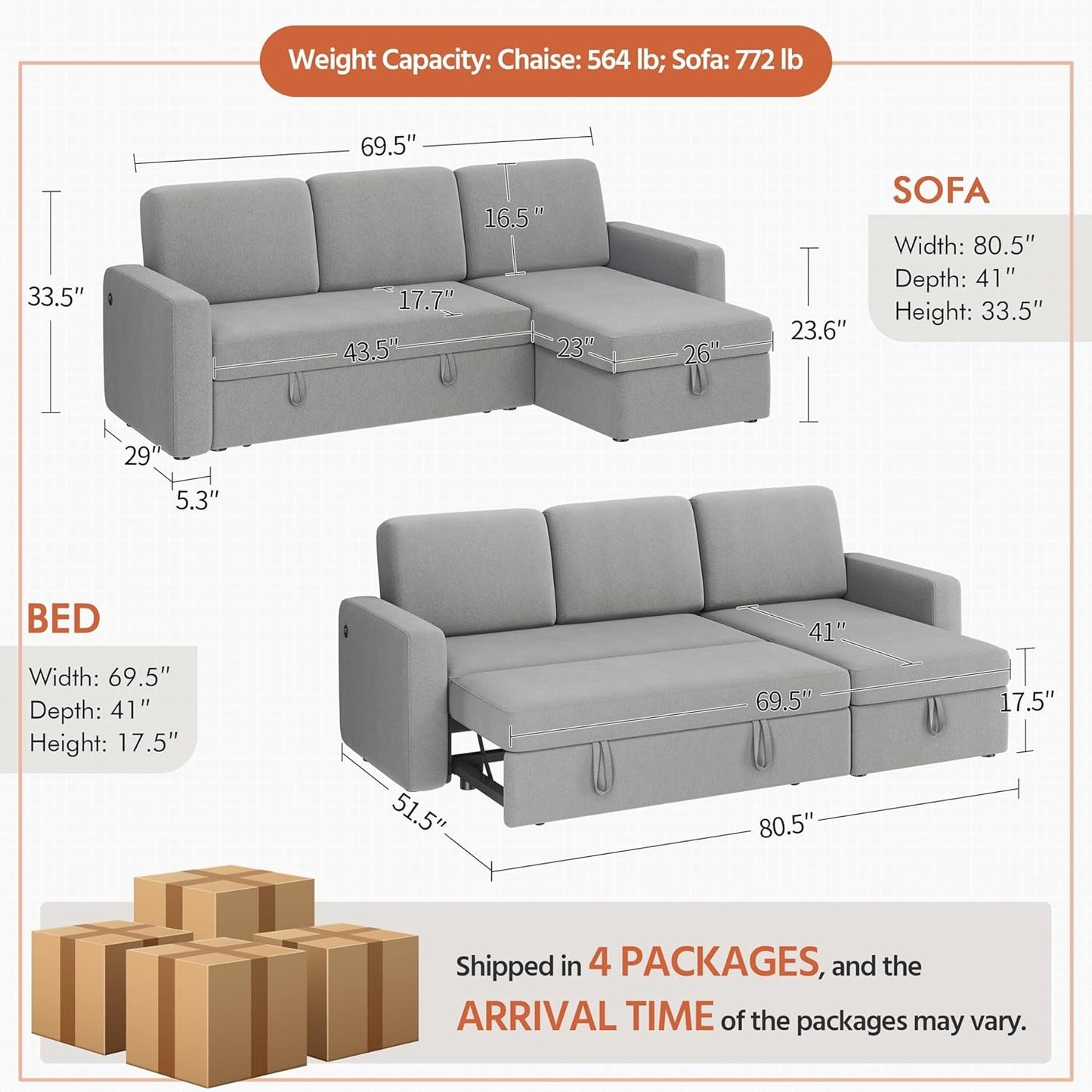 Light Gray L-Shaped Sleeper Sectional, USB, Storage-2
