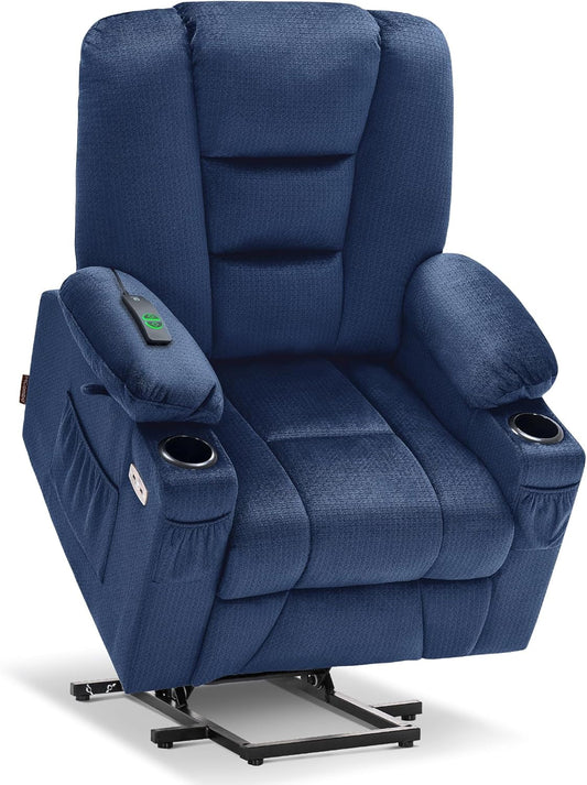 Power Lift Recliner Chair with Massage and Heat for Elderly People, Cup Holders, USB Ports, Side Pockets, Fabric 7529 (Medium, Navy Blue)-0