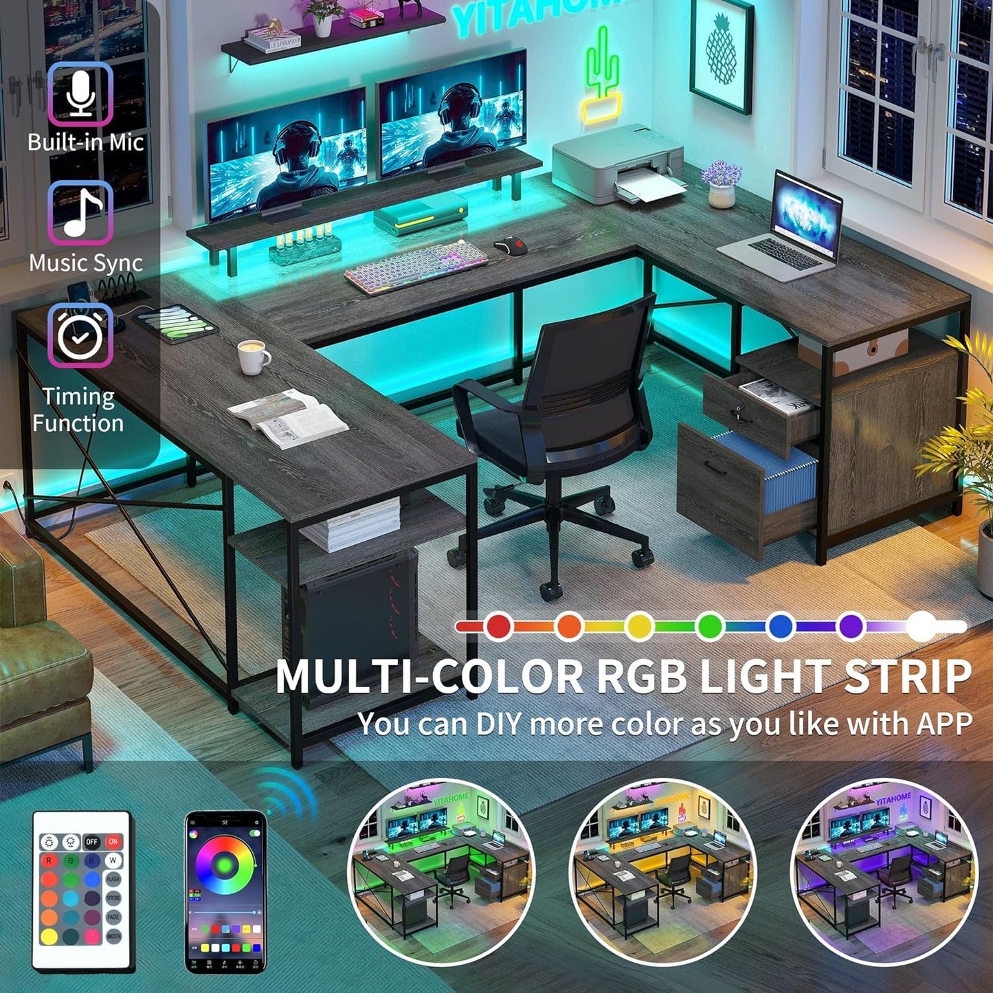 U Shaped Desk with Power Outlets & LED Lights, 79" Reversible L Shaped Desk with Drawers, Corner Computer Desk Office Desk with Monitor Stand & Storage Shelves, Grey-3