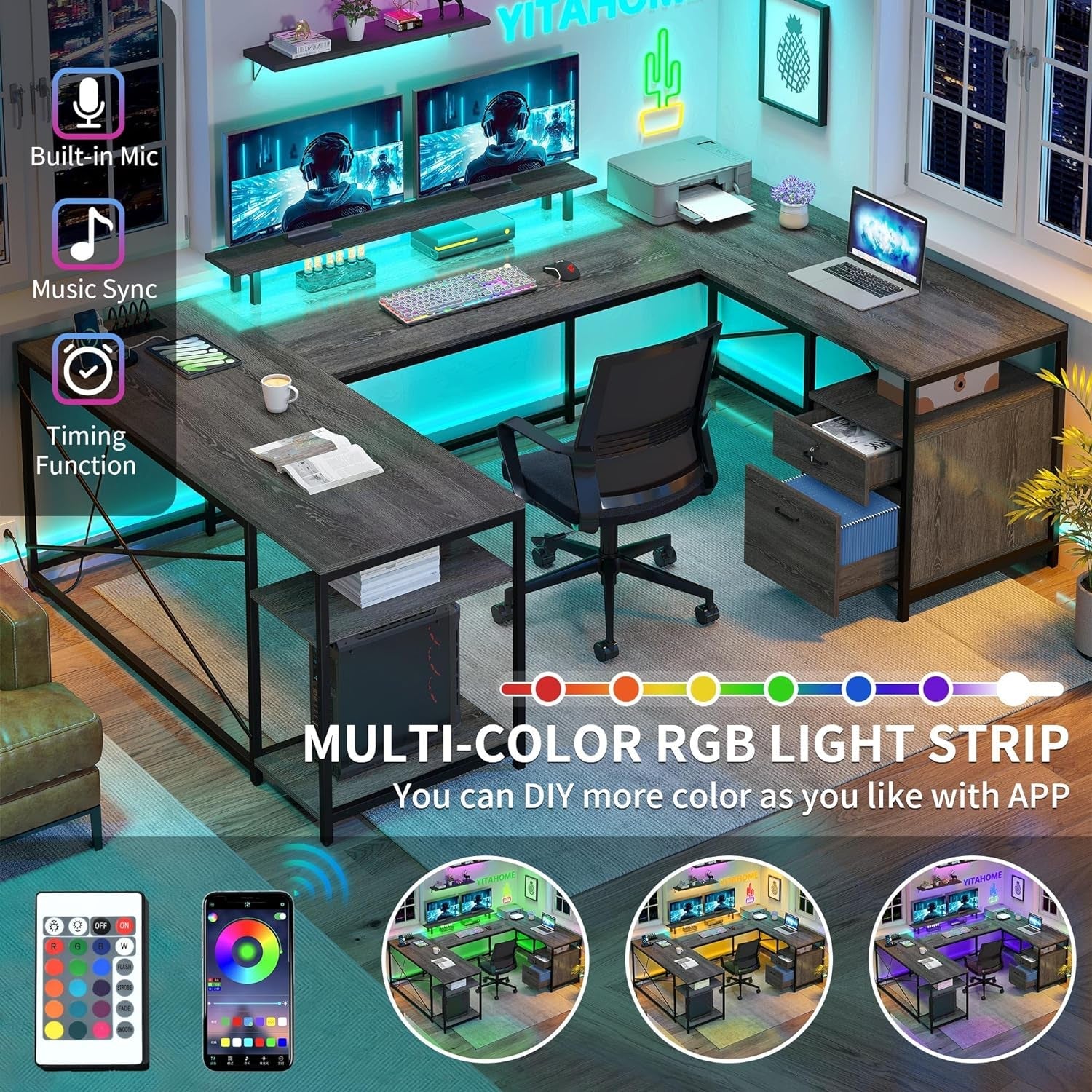 U Shaped Desk with Power Outlets & LED Lights, 79" Reversible L Shaped Desk with Drawers, Corner Computer Desk Office Desk with Monitor Stand & Storage Shelves, Grey-3