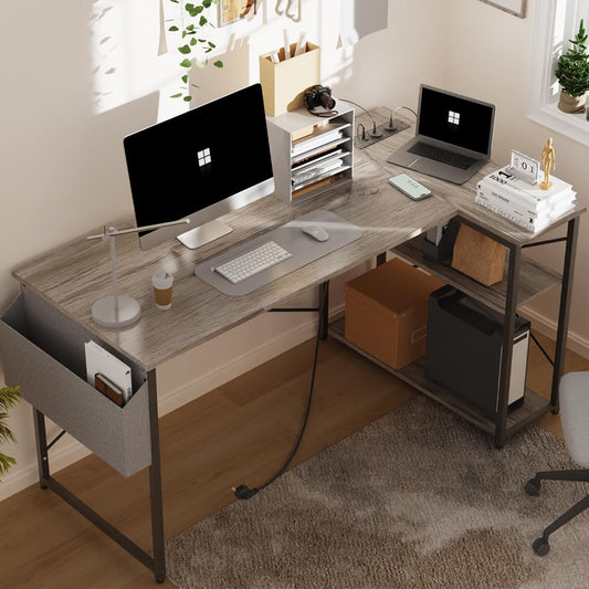 L Shaped Computer Desk with Power Outlets, 47 Inch Gaming Desk, Small Desk Corner Desk with Reversible Shelves, Study Desk Writing Desk for Home Office Bedroom, Work from Home, Gray-1