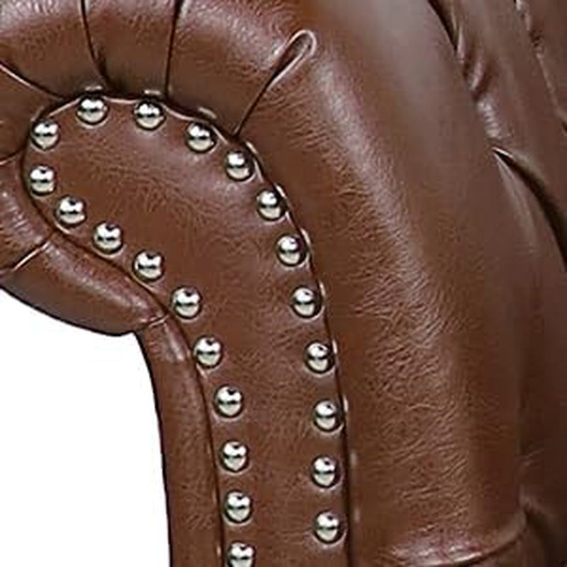 3 Piece Living Room Sofa Set, Chesterfield 3 Seat Sofa Loveseat Sofa Armchair, Modern Leather Couch Set with Rolled Arms and Nailhead Upholstered for Living Room, Office and Apartment, Brown-3