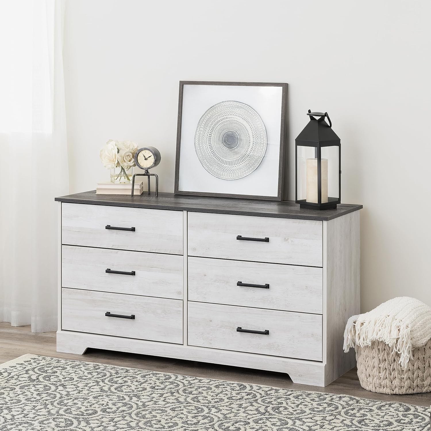 Rustic Ridge Farmhouse 6-Drawer Double Dresser, Washed White Dresser for Bedroom, Chest of Drawers with 6 Storage Drawers, 53.25” Wide X 18.25” Deep X 28.5” Tall, Washed White-4
