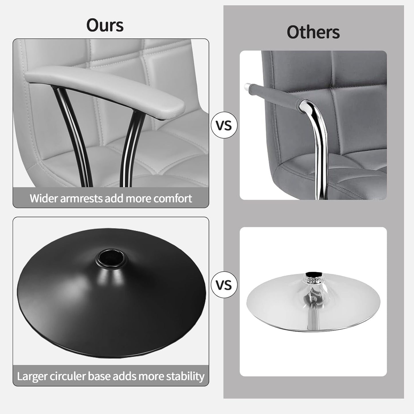 Bar Stools Set of 2, Armrest Adjustable Swivel Barstools with Back, Double Needle PU Leather Counter Height Chairs for Kitchen Lsland (Light Grey)-3