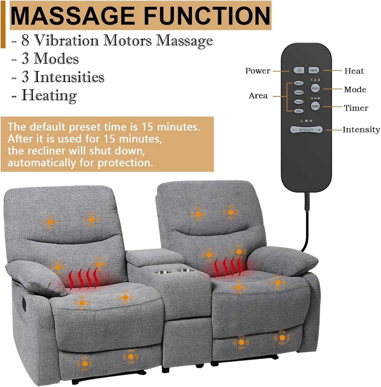 Double Reclining Loveseat - Fabric Home Theater Seating with Console - 2 Seater Manual Reclining Couch for Living Room, Office (Fabric- Light Grey)-2