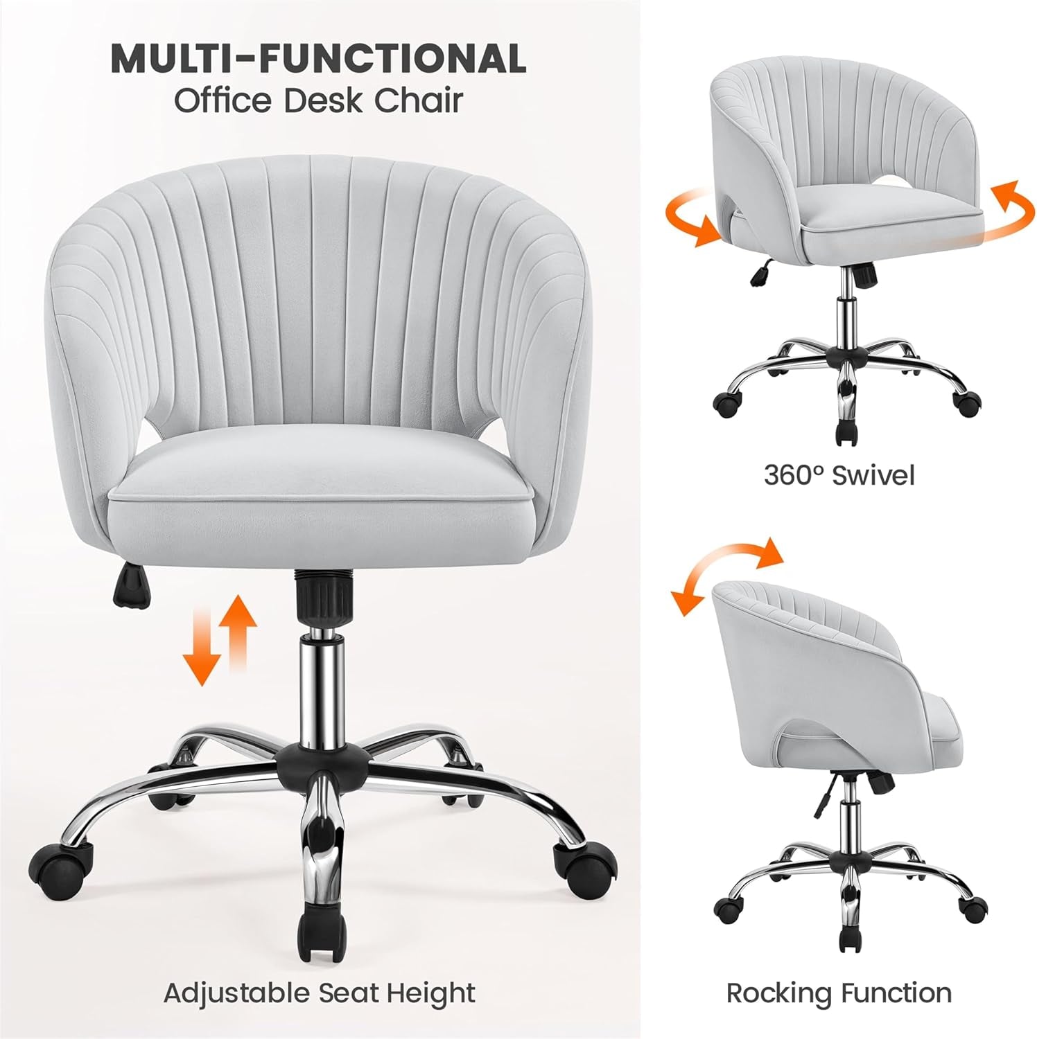 Home Office Chair, Velvet Desk Chair, Upholstered Modern Swivel Chair with Tufted Barrel Back, Rolling Wheels for Office,Study, Vanity,Bedroom Light Gray-3