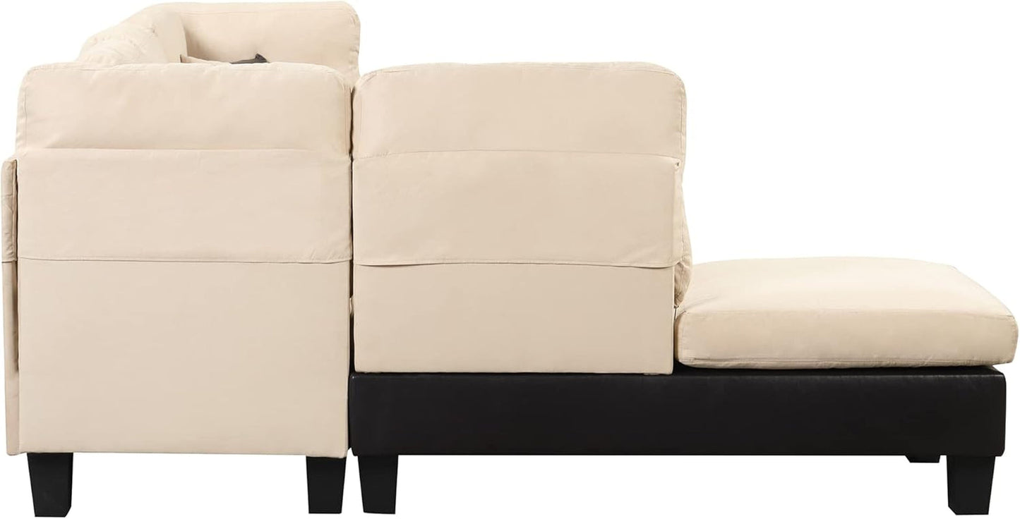 Modern 3 Piece Microfiber and Faux Leather L Shaped Sectional Sofa with Reversible Chaise & Ottoman, Large Living Room Furniture, Beige-4