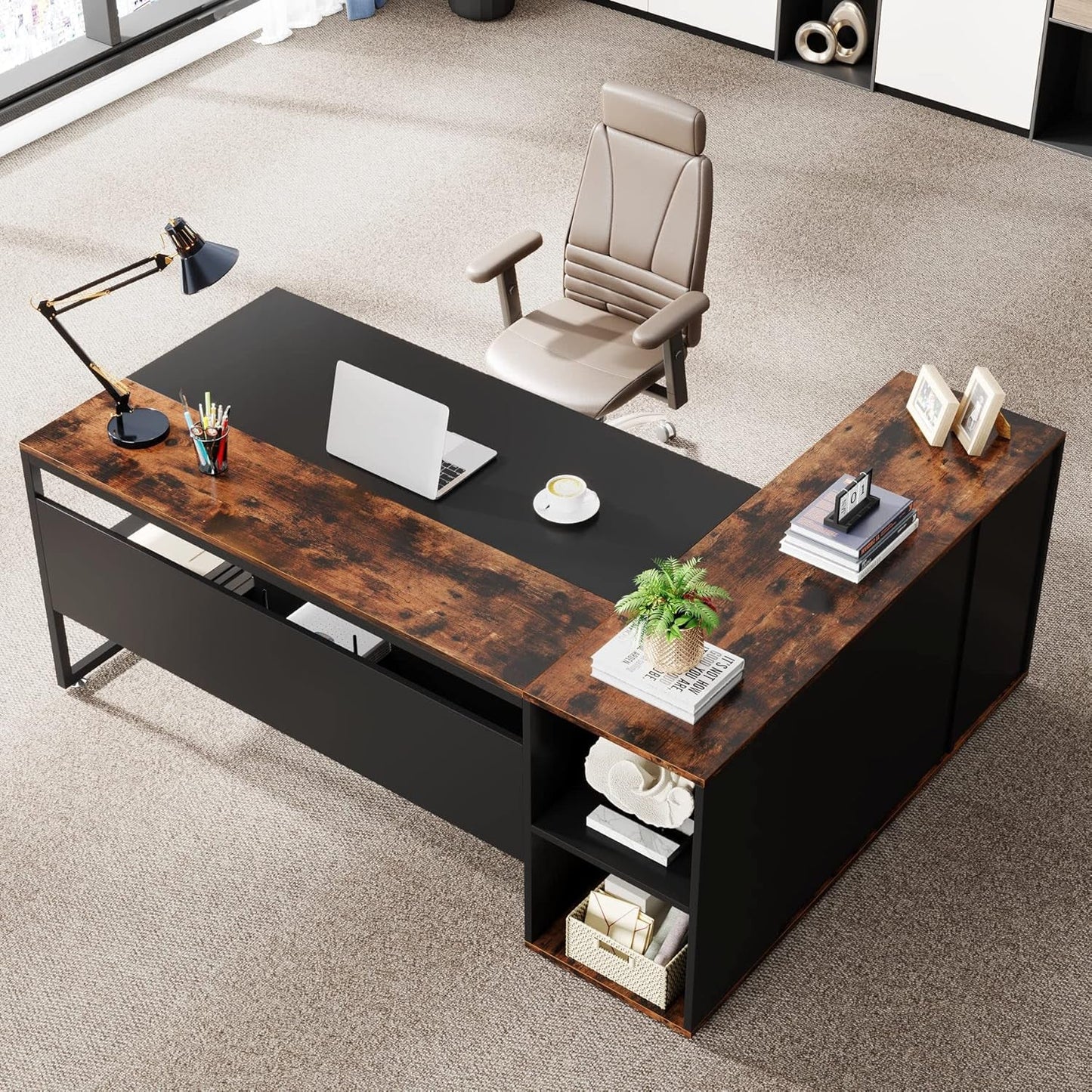 71 Inch Executive Desk, L Shaped Desk with Cabinet Storage, Executive Office Desk with Shelves, Business Furniture Desk Workstation for Home Office, Brown and Black-2