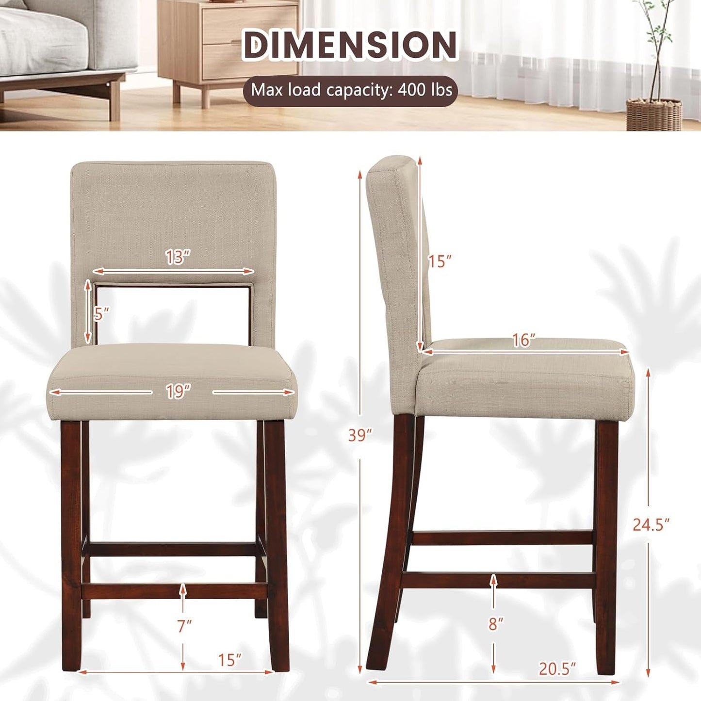 24.5" Counter Height Bar Stools Set of 4, Linen Barstools with Back, Rubber Wood Legs, Max Load 400 Lbs, Modern Upholstered Bar Dining Chairs for Kitchen Island Pub, Beige-2