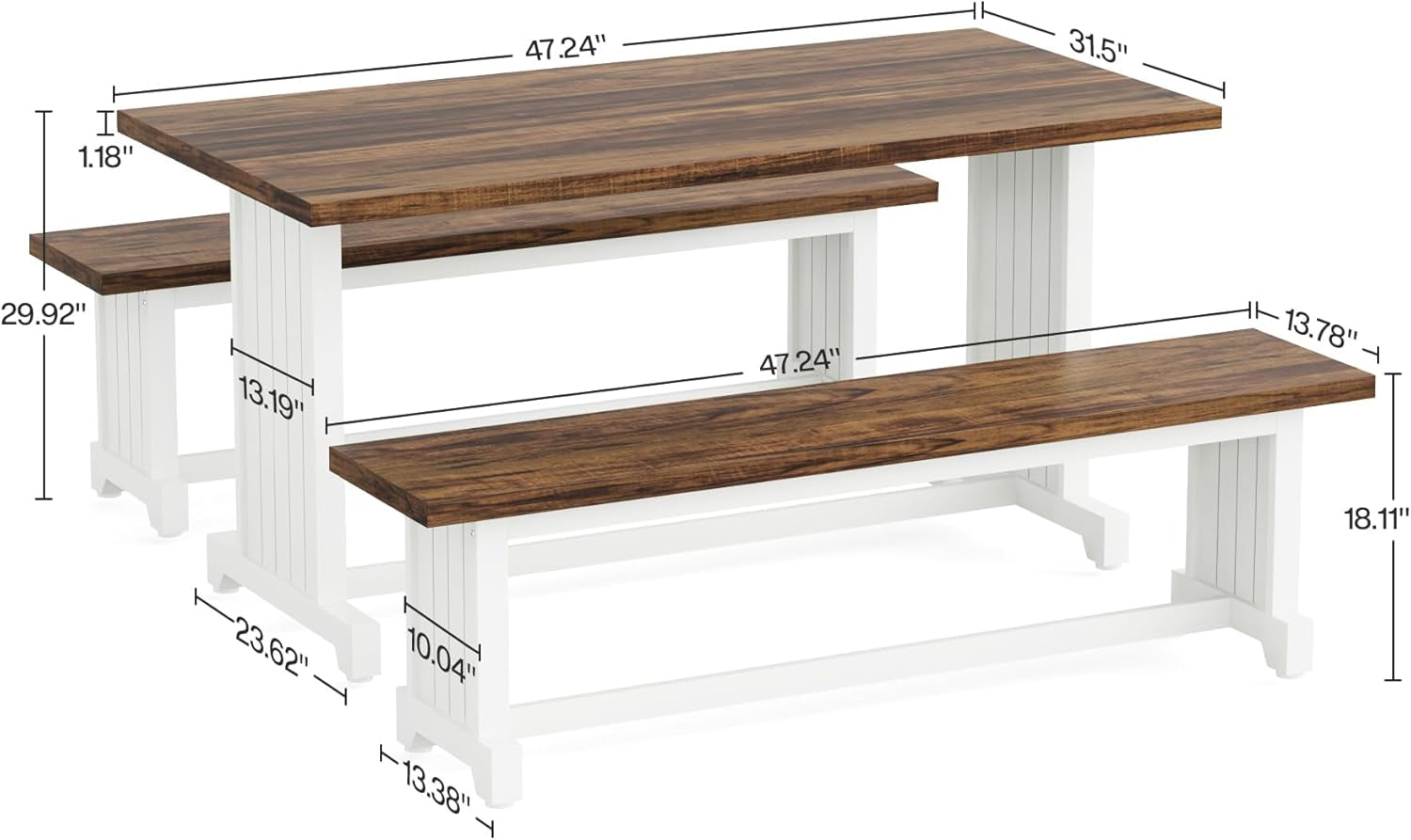 47" Dining Table Set for 4, 3-Piece Kitchen Room Table with 2 Benches, Farmhouse Wood Dinner Furniture for Small Space, Home Living Room, White & Rustic Brown-1
